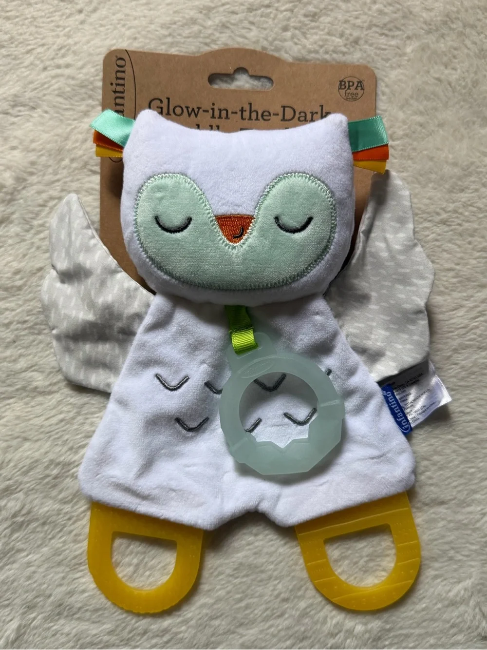 Infantino Glow-in-the-Dark Owl Teether Comforter - White, Mint & Yellow